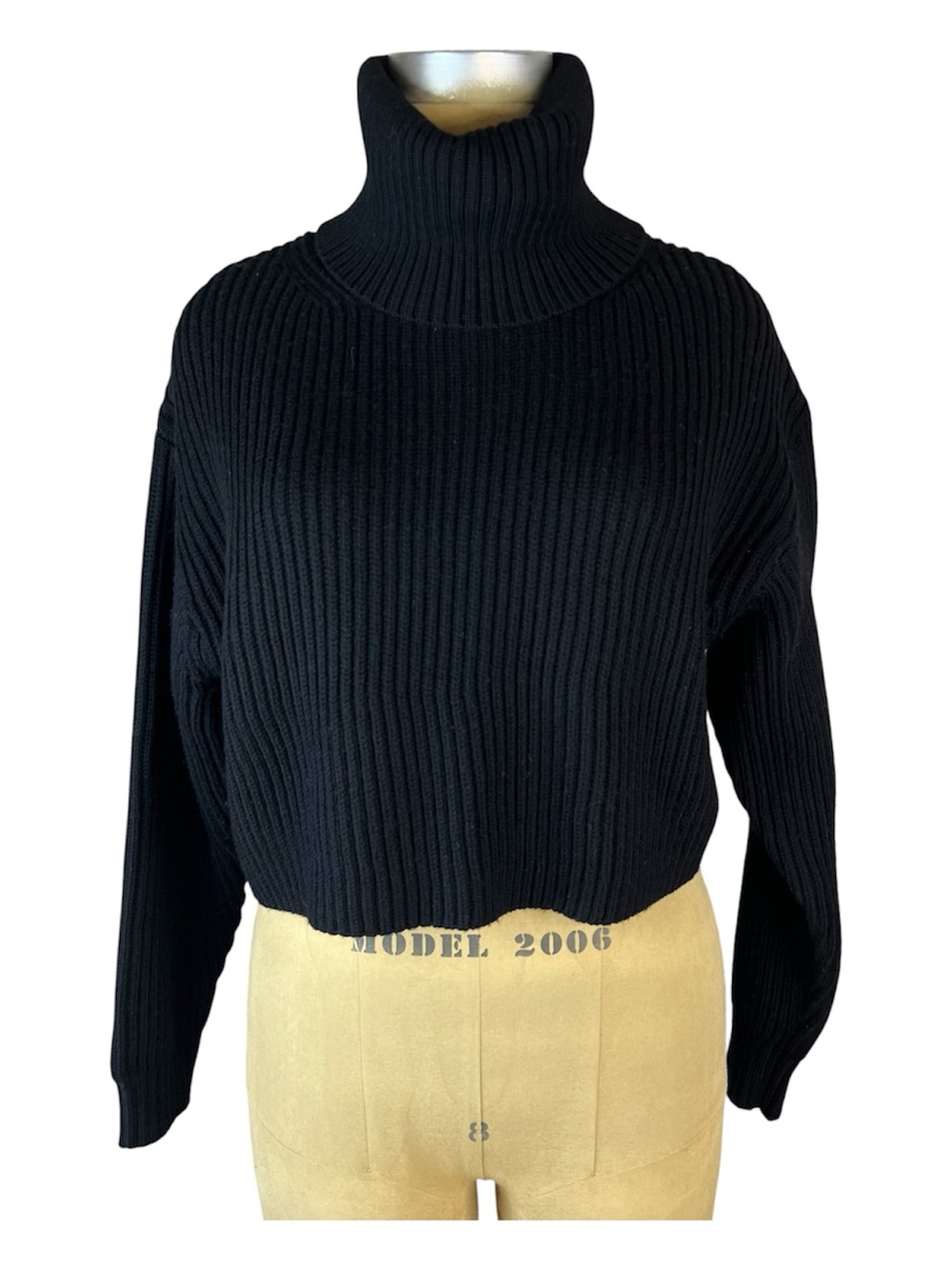 Babaton Classic Black Ribbed Merino Wool Cropped Turtleneck